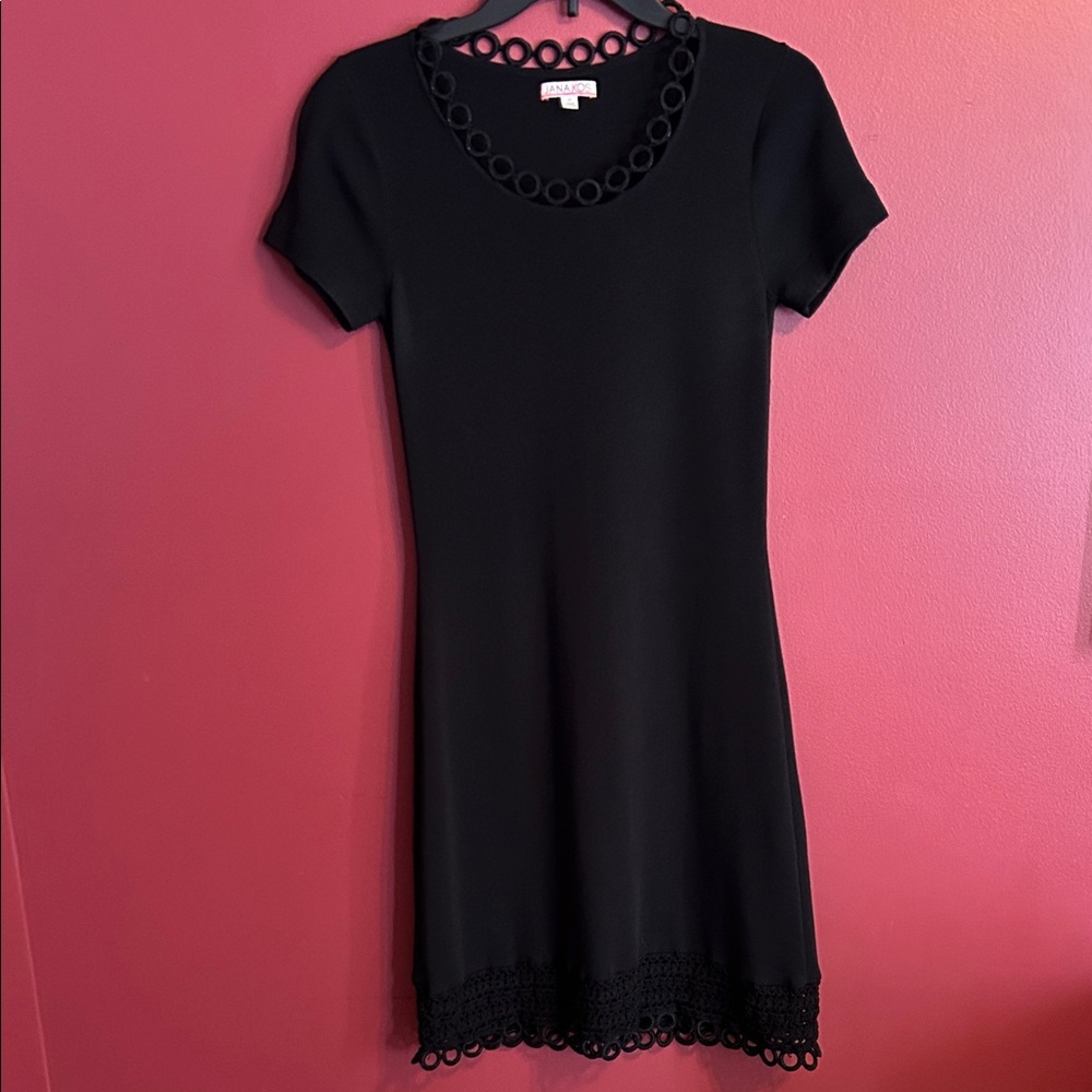 JanaKos Elegant Black Dress with circle trim neckline and hem
